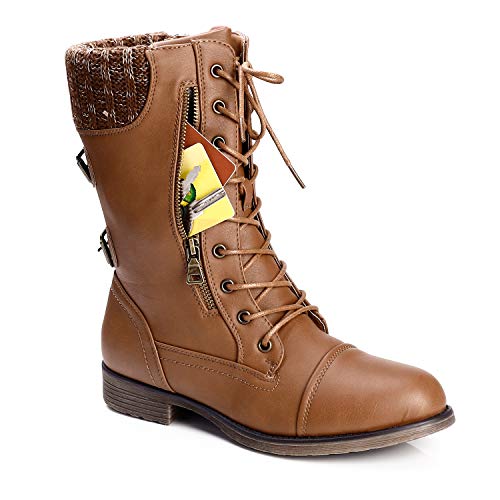 Trary Women's Winter Knit Mid Calf Combat Boots Camel 07