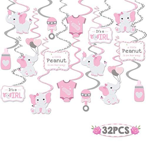 Faisichocalato 32CT Pink Elephant Little Peanut Hanging Swirls Decorations Girl Baby Shower It's A Girl Theme Party Ceiling Door Whirls Streamers for Pink Elephant Theme Party Birthday Party Supplies