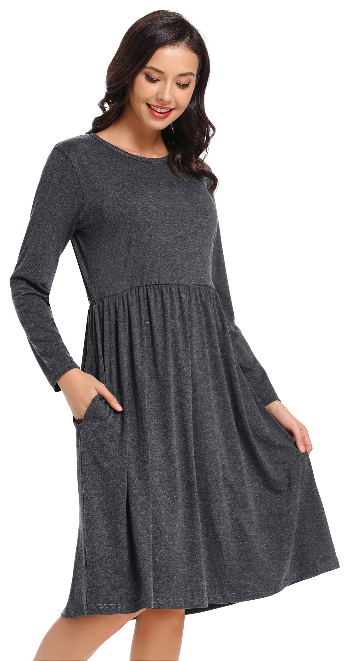 CakCton Womens Long Sleeve Pockets Winter Dress Casual Grey Dress Empire Waist Swing Dress
