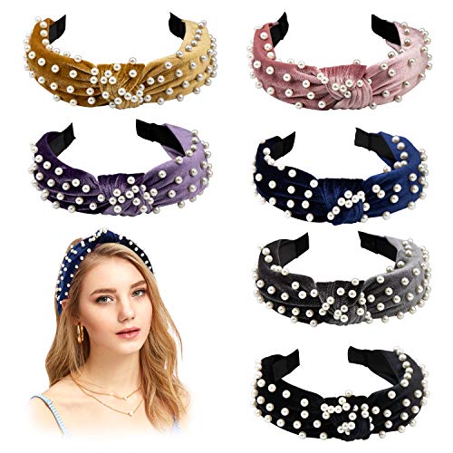 Pearl Headband for Women - 6 Pack Knot Headband with Pearls Wide Headbands Turban Velvet Pearl Headbands for Women and Girls