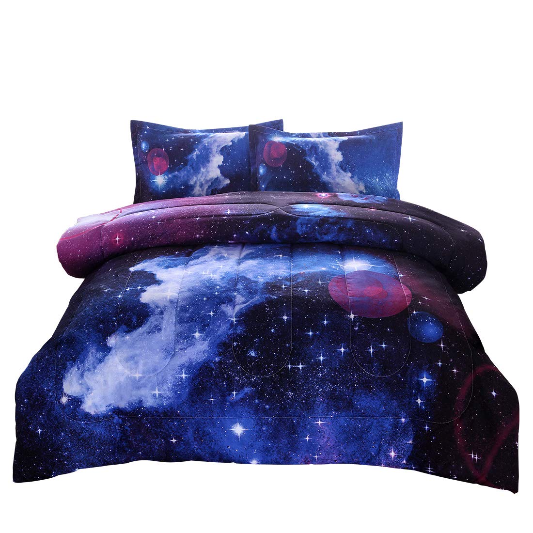Book Cover JQinHome Full 3-Piece Galaxy Comforter Sets - 3D Outer Space Themed - All-Season Down Alternative Quilted Duvet - Reversible Design - Includes 1 Comforter, 2 Pillow Shams (Dark Blue) Full(3pc) Dark Blue