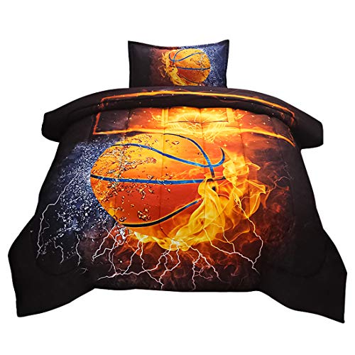 JQinHome Twin Basketball and Fire Comforter Sets Blanket, 3D Sports Themed Bedding, All-Season Reversible Quilted Duvet, for Children Boy Girl Teen Kids - Includes 1 Comforter, 1 Pillow Sham