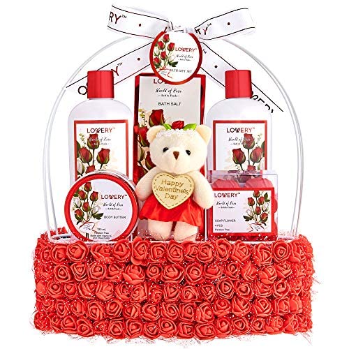 Christmas Gifts for Women, Spa Gift Basket for Women, Red Rose Bath and Body in Floral Handmade Basket - Bubble Bath, Body Butter, Salts, Shower Gel, Flower Soaps, Teddy Bear for Mom