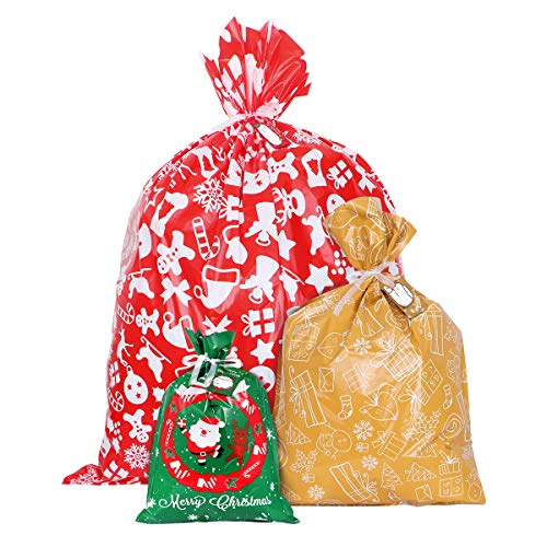 Toyvian 24PCS Christmas Drawstring Gift Bags with Ribbon Ties and Tags,3 Different Designs Wrapping Bags 3 Sizes Holiday Present Goody Bags for Xmas Holiday Party