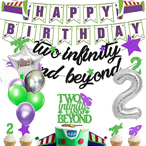 Book Cover HEETON Two Infinity and Beyond Banner and Buzz Cake Topper Light year Toy Inspired Story 2nd Birthday Balloons Party Supplies Decoration Photo Prop for Girl Boy Baby Bday
