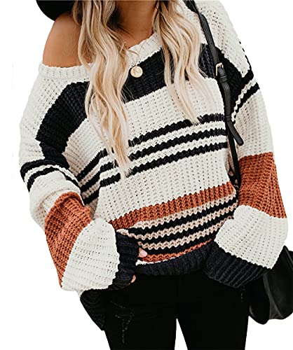 KIRUNDO Womenâ€™s Stripe Color Block Short Sweater Long Sleeve Stitching Color Crew Neck Loose Knitted Pullovers Jumper Tops