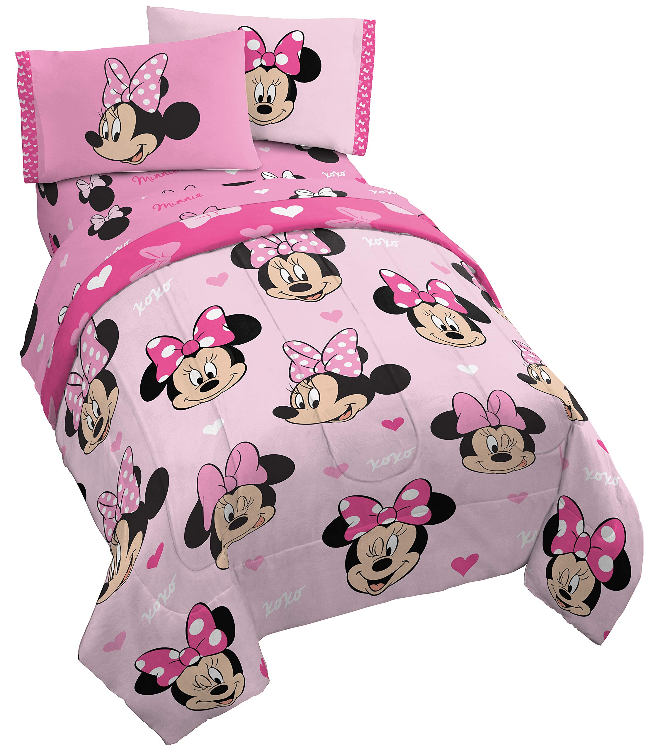 Book Cover Jay Franco Disney Minnie Mouse Hearts N Love 4 Piece Twin Bed Set - Includes Reversible Comforter & Sheet Set - Super Soft Fade Resistant Microfiber - (Official Disney Product)