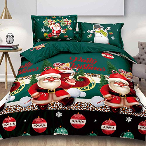 Book Cover NANKO Christmas Queen Duvet Cover 3 Piece, New Year Holidays Green Color Bed Set 90x90 Santa Claus Pattern Microfiber Comforter Cover with Zipper Closure, Ties - Modern Style for Men Women Teen,
