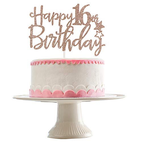Rose Gold Glittery Happy 16th Birthday Cake Topper,16th Birthday Party Decorations,Birthday Cake Decor