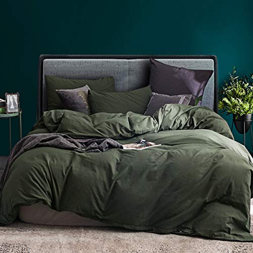 Book Cover ECOCOTT 3 Pieces Duvet Cover Set Queen 100% Washed Cotton 1 Duvet Cover with Zipper and 2 Pillowcases, Ultra Soft and Easy Care Breathable Cozy Simple Style Bedding Set (Avocado Green)
