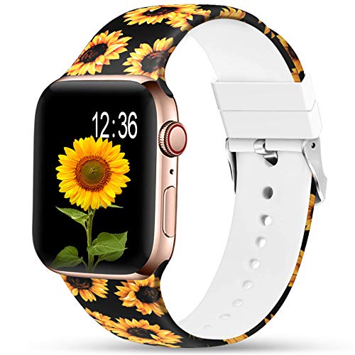 Sunnywoo Sport Band Compatible with Apple Watch 38mm 40mm 42mm 44mm, Soft Silicone Floral Fadeless Strap Replacement Bands for iWatch Series 4, Series 3, Series 2, Series 5,Sport Edition Women Men