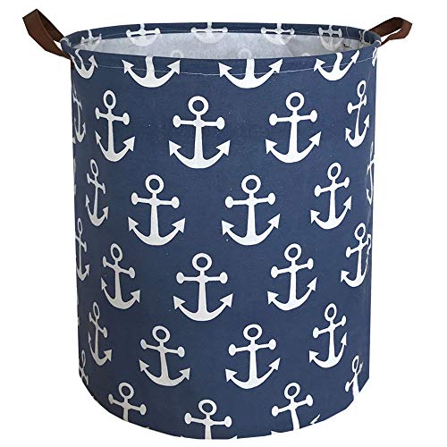 Book Cover Sanjiaofen Canvas Fabric Storage Bins,Collapsible Laundry Baskets,Waterproof Storage Baskets with Leather Handle,Home Decor,Toy Organizer (Navy Blue Anchor)