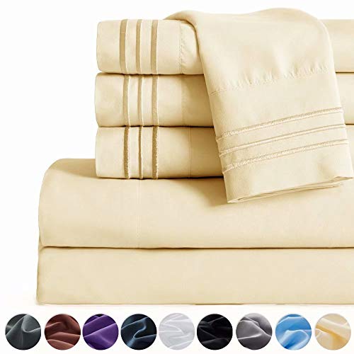 Book Cover SAKIAO -6PC King Size Bed Sheets Set - Brushed Microfiber 1800 Thread Count Percale - 16