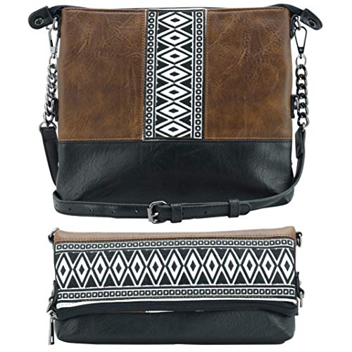 K&Bo Juniper Womenâ€™s Chain Crossbody Handbag Purse Brown, Boho Embroidered Medium, Converts to Clutch Bag, Lightweight