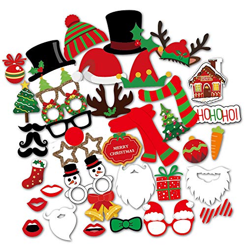 Christmas Photo Booth Props Kit for Party(38 Pcs), LISAUYD DIY Kit Dress-up Backdrop Decoration Decor - Variety Favors & Games For Kids and Adults, Perfect for New Years Party, Xmas Selfie Props