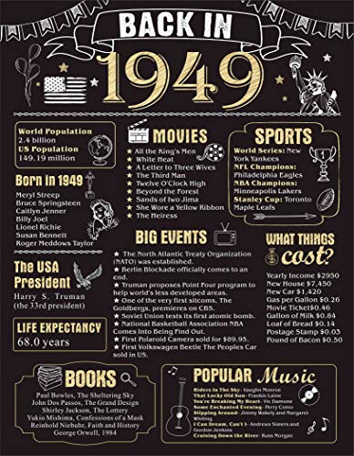 70 Years Ago Birthday or Wedding Anniversary Poster 11 x 14 Party Decorations Supplies Large 70th Party Sign Home Decor for Men and Women (Back in 1949-70 Years)