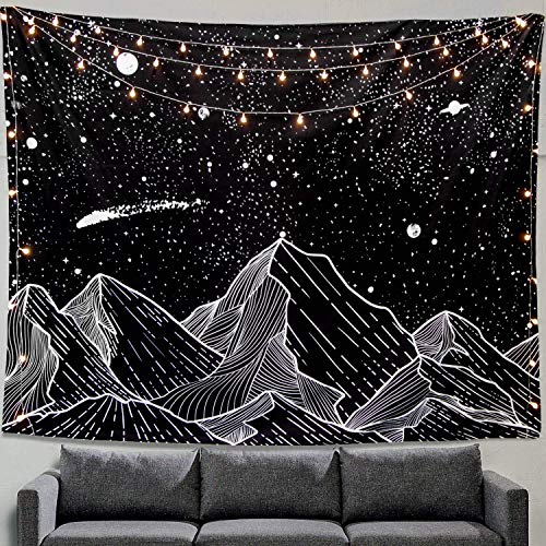 Book Cover Romod Mountain Moon Tapestry Wall Hanging Stars Black and White Art Tapestry Home Decor