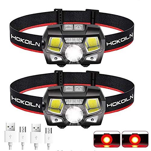 HOKOILN Rechargeable Headlamp, 2 Pack 500 Lumens COB Enhanced Headlamp Ultra Bright Cree LED Rechargeable Flashlight, Red Light and Motion Sensor, Waterproof, for Camping, Hiking, Outdoors
