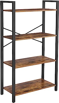 VASAGLE Bookshelf, 4-Tier Bookcase, Living Room Standing Unit Shelf, Stable Steel Frame, Bedroom, Office, Industrial Design, Rustic Brown ULLS60BX