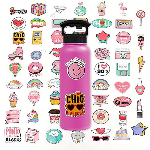 Stickers for Water Bottles Cute Pink Teen Girl , Waterproof Durable Trendy Vinyl Laptop Decal Stickers Pack for Bicycle, Skateboard, Computer, Travel Case ravel Extra Durable 100% Vinyl (60 Pcs)