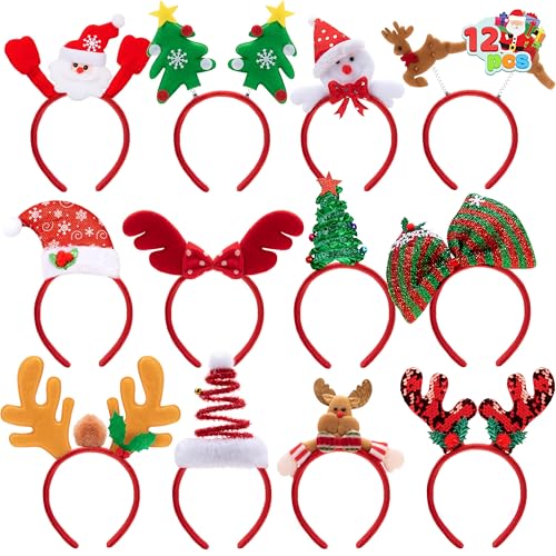 JOYIN 12 Packs Christmas Headbands with Assorted Design Christmas Headwear Holiday Headbands Accessories for Women Men Christmas Parties Xmas Holiday Party Favors Photo Booth (ONE SIZE FIT ALL)