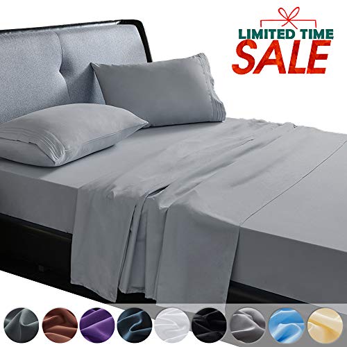 SAKIAO Queen Size Bed Sheets Set - Brushed Microfiber 1800 Thread Count Percale - 16" Deep Pocket Wrinkle Free & Fade Resistant - 4 Piece (Grey,Queen)