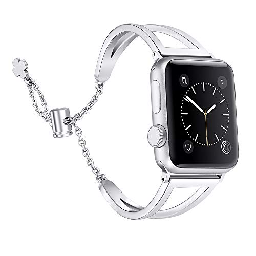 Book Cover Secbolt Bands Compatible with Apple Watch Band 38mm 40mm iWatch SE Series 6/5/4/3/2/1, Women Dressy Metal Jewelry Bracelet Bangle Wristband Stainless Steel, Silver