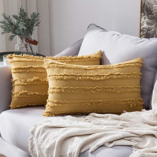 MIULEE Set of 2 Decorative Boho Throw Pillow Covers Linen Striped Jacquard Pattern Cushion Covers for Sofa Couch Living Room Bedroom 12x20 Inch Yellow