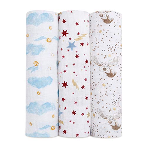 aden + anais Harry Potter Baby Swaddle Blanket|Metallic Muslin Blankets for Girls & Boys|Receiving Blanket, Newborn Nursery Gifts, Unisex Infant & Toddler Shower Items, Swaddling 3 Pack, Hogwarts