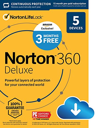 Book Cover EXCLUSIVE Norton 360 Deluxe â€“ Antivirus software for 5 Devices with Auto Renewal - 15 Month Subscription - 3 Months FREE - Includes VPN, PC Cloud Backup & Dark Web Monitoring powered by LifeLock - 2020 Ready [Download]