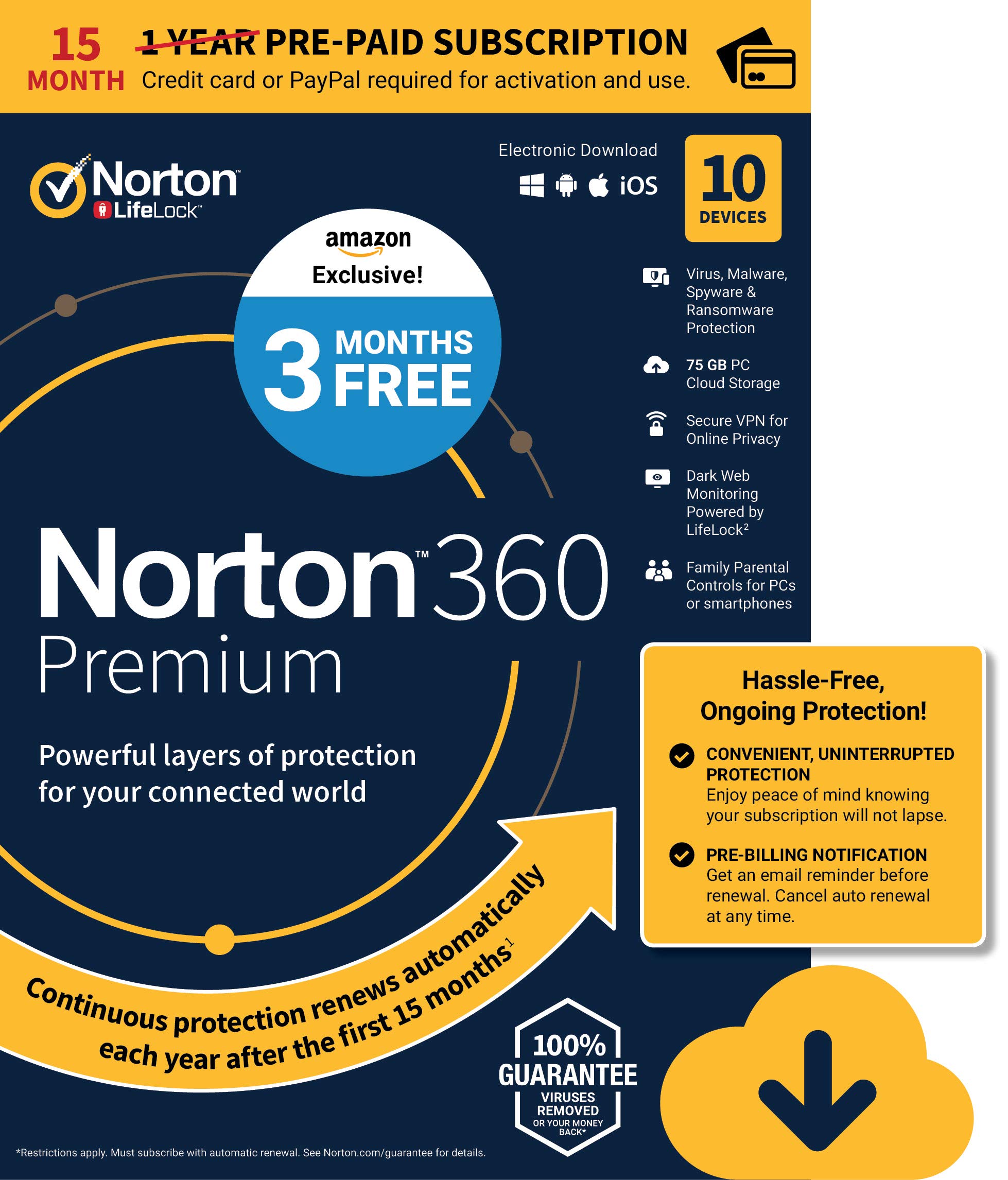 EXCLUSIVE Norton 360 Premium – Antivirus software for 10 Devices with Auto Renewal - 15 Month Subscription - 3 Months FREE - Includes VPN, PC Cloud Backup & Dark Web Monitoring powered by LifeLock - 2020 Ready [Download]