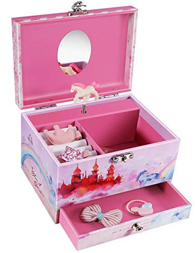 Abody Jewelry Box, Music Box with Pullout Drawer and Ring Slots, Girls Jewelry Box with Mirror, Mechanical Twirling Horse Design, 7 Year Old Girl Gifts Include Bonus Kids Jewelry