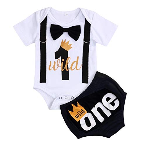 Baby Boy First Birthday Outfit Infant Wild One Boy Bow Tie Short Sleeve Romper+Shorts Bodysuit Cake Smash Outfits (White 2, 12-15 Months)