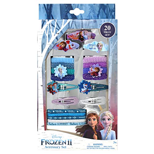Book Cover Frozen 2 Girls 20 Piece Accessory Set with 3 Barrettes, 4 Snap Hair Clips, 5 Elastics and 8 Terry Ponies