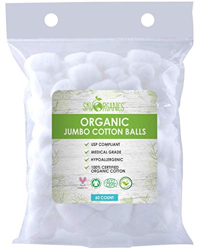 Sky Organics Organic Jumbo Cotton Balls for Sensitive Skin, 100% Pure GOTS Certified Organic for Beauty & Personal Care, 60 ct.