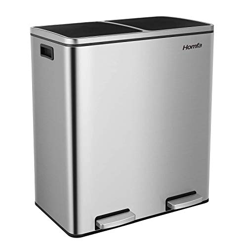 Book Cover Homfa Dual Step Trash Can, 16 Gallon (60L) Fingerprint Proof Stainless Steel Rubbish Bin, 2 x 30L Classified Recycle Garbage Bin with Plastic Inner Buckets and Hinged Lids, Soft Closure