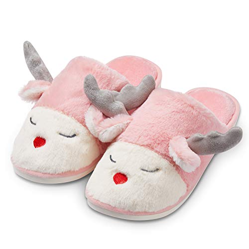 Book Cover Slippers for Women, Women’s Slippers of Cute Reindeer Designs, House Slippers for Women with Memory Foam Size 8 9 10 11 for Couples Pink