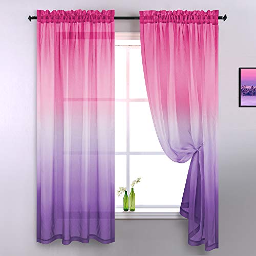 Book Cover Purple and Pink Sheer Curtains for Girls Bedroom Room Decor 2 Panels Rod Pocket Faux Linen Semi Voile Drapes Ombre Window Pastel Curtains for Kids Living Room Decoration Party 52 x 84 Inch Length
