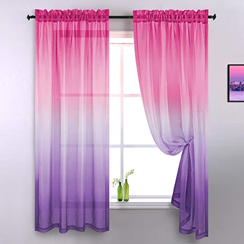 Purple and Pink Sheer Curtains for Girls Bedroom Room Decor 2 Panels Rod Pocket Faux Linen Semi Voile Drapes Ombre Window Pastel Curtains for Kids Living Room Decoration Party 52 x 84 Inch Length