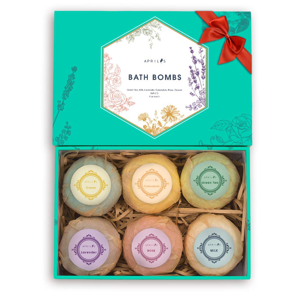 Aprilis Bath Bombs Gift Set, Organic & Natural Essential Oil Bath Bombs for Dry Skin Moisturizing, Handmade Fizzy Spa Bath Set, Perfect Birthday Mother's Day Gift, Large 4 oz x 6