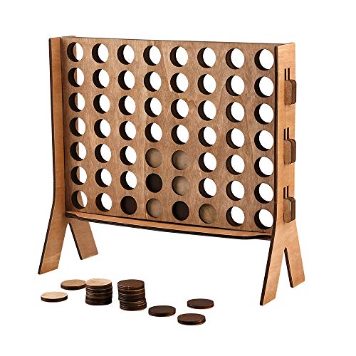 Wooden 4 in A Row Game,Sleek Design Wood Tabletop Board Game,with Carrying Color Box,Coin's Storage Bag and Rules for Game Night,Parties,Bar Game and Kid's Birthday (Brown)