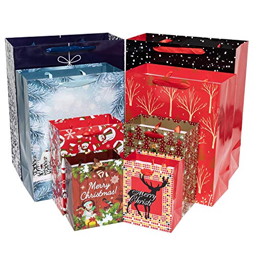 24 PCS Christmas Gift Bags for Wrapping Holiday Gifts, Recyclable Festival Bags with Snowman, Reindeer, Christmas Bell/Tree, Snowflake, Gin Design ï¼ˆBulk Set,6 Jumbo,6 Large,6 Medium,6 Smallï¼‰