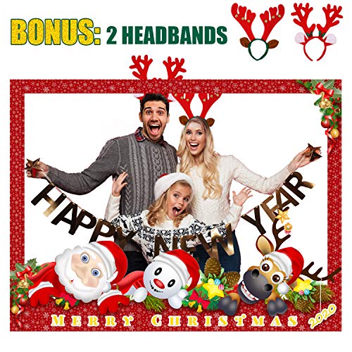 SEVENS Christmas Photo Booth Prop Frame with 2 Christmas Party Headbands, Xmas, New Year Party Decorations/Supplies, Christmas Party Photo Frame (35.4 X 26.8 Inch)