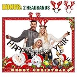 SEVENS Christmas Photo Booth Prop Frame with 2 Christmas Party Headbands, Xmas, New Year Party Decorations/Supplies, Christmas Party Photo Frame (35.4 X 26.8 Inch)