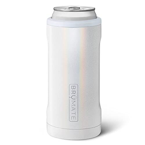 Book Cover BrüMate Hopsulator Slim Can Cooler Insulated for 12oz Slim Cans | Skinny Can Coozie Insulated Stainless Steel Drink Holder for Hard Seltzer, Beer, Soda, and Energy Drinks (Glitter White)