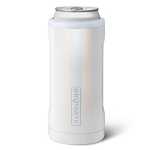 BrüMate Hopsulator Slim Can Cooler Insulated for 12oz Slim Cans | Skinny Can Coozie Insulated Stainless Steel Drink Holder for Hard Seltzer, Beer, Soda, and Energy Drinks (Glitter White)