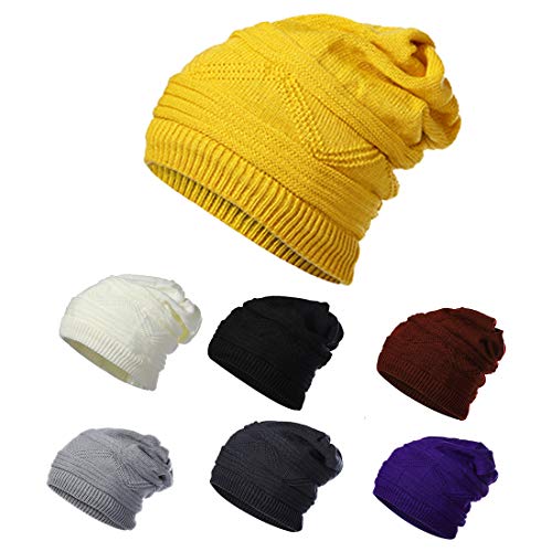 Mirage Moon Womens Ponytail Messy Bun Winter Hats, Cable Knit Slouchy Beanie, Warm Double-Lined Skully Cap