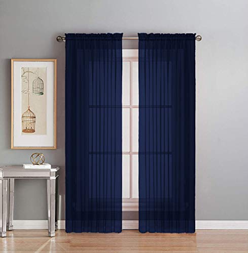 Interior Trends 2 Piece Fully Stitched Sheer Voile Window Panel Curtain Drape Set (84" Long, Navy Blue)
