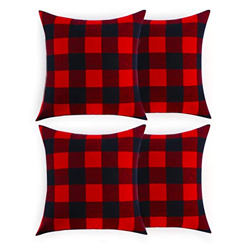 Book Cover Volcanics Christmas Pillow Covers Buffalo Check Plaid Throw Pillow Covers Set of 4 Farmhouse Decorative Square Pillow Cover Case Cushion Pillowcase 18x18 Inches for Home Decor, Red and Black