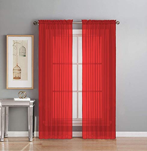 Interior Trends 2 Piece Fully Stitched Sheer Voile Window Panel Curtain Drape Set (84" Long, Red)